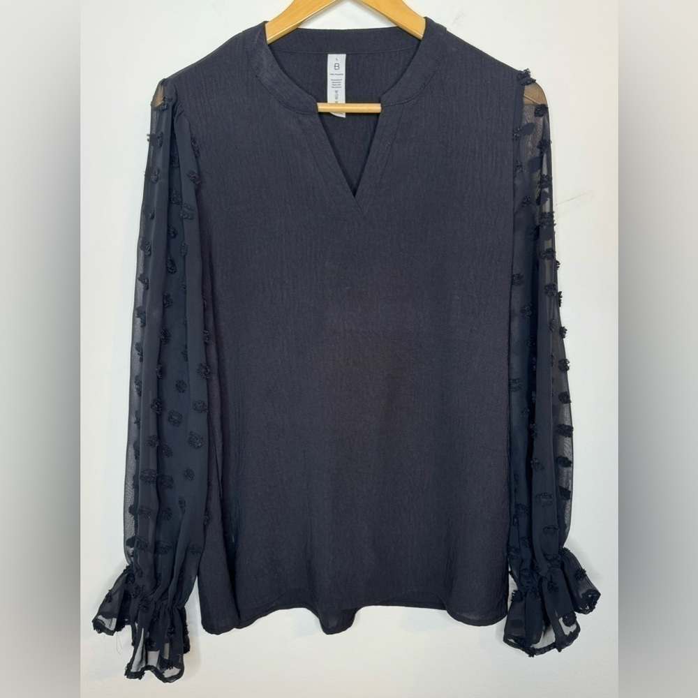 B Brand Women’s Black Balloon Long Sheer Large Swiss Dot Sleeve Blouse Size L